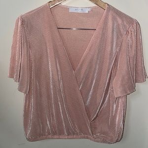 Astr Pink Pleated Velvet Wrap Blouse